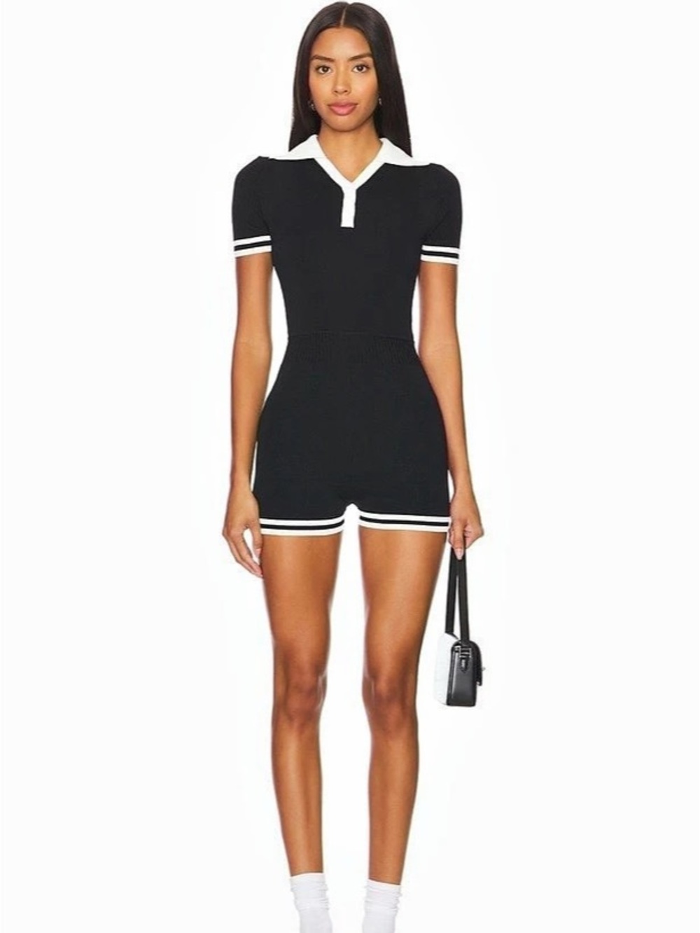 ALL THE WAYS Davina Romper Contrast Trim Polo Black & White Small